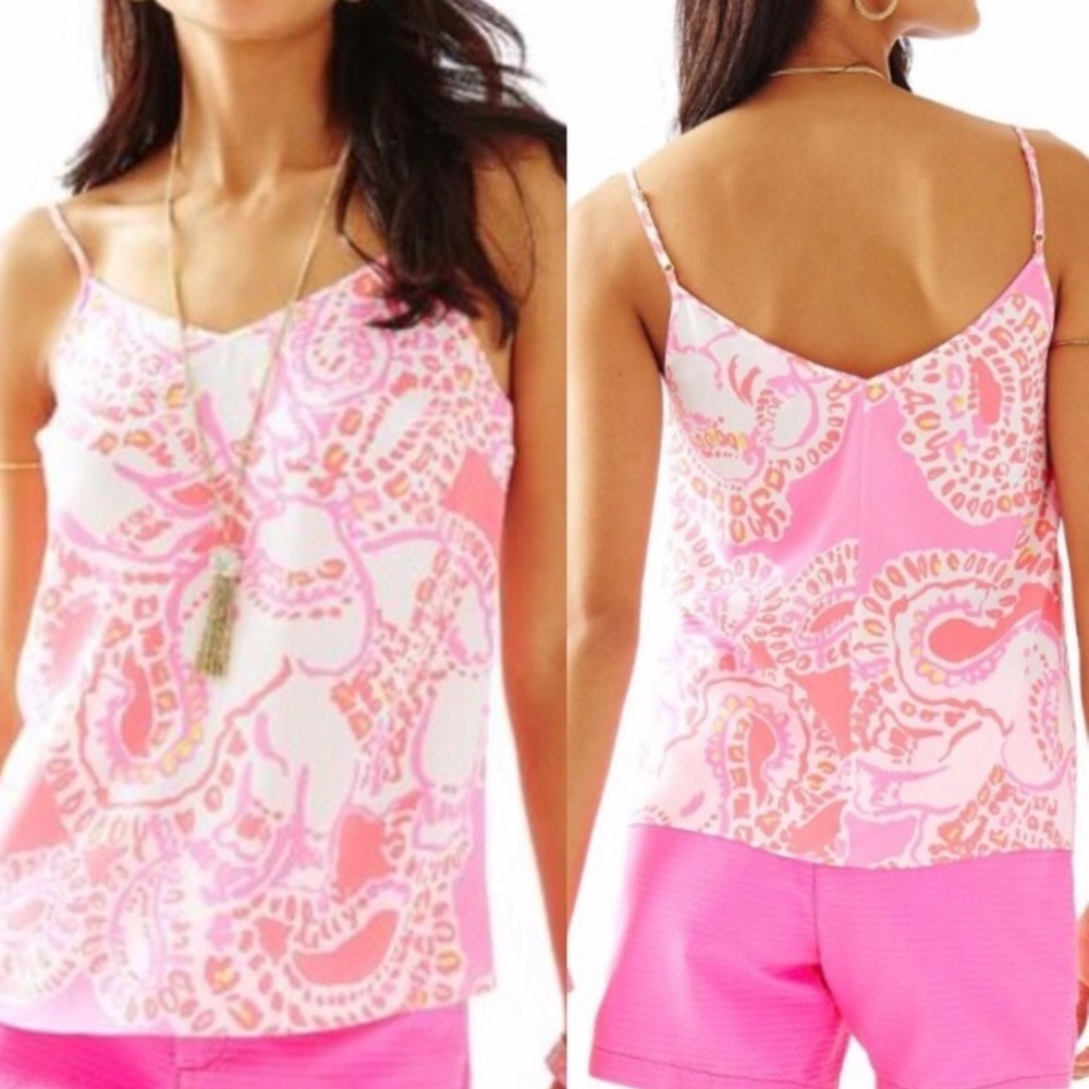 Lilly Pulitzer SILK Hot Coral Trunk In Love Pixie Cami Top Size XS NEW